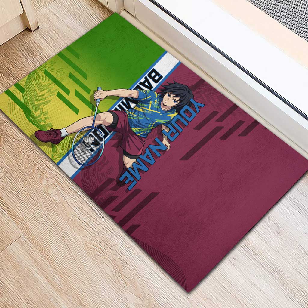 Personalized Giyuu Tomioka Demon Slayer Badminton Theme Rubber Doormat with Racket Action Pose and Tricolor Graphic Design - The Mazicc