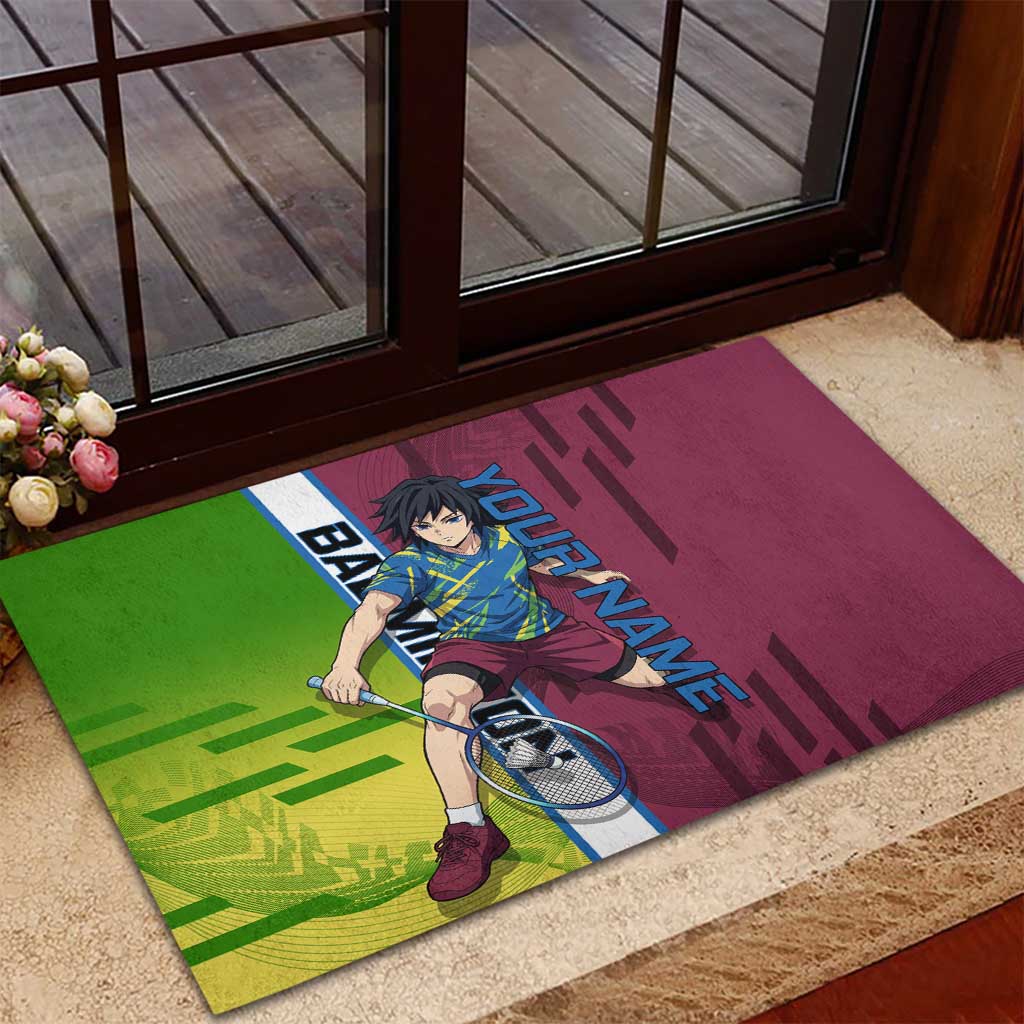 Personalized Giyuu Tomioka Demon Slayer Badminton Theme Rubber Doormat with Racket Action Pose and Tricolor Graphic Design - The Mazicc
