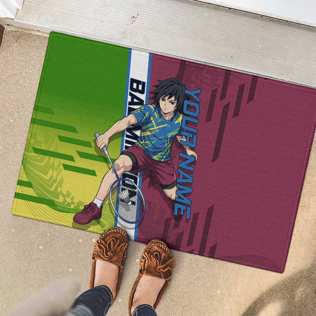 Personalized Giyuu Tomioka Demon Slayer Badminton Theme Rubber Doormat with Racket Action Pose and Tricolor Graphic Design - The Mazicc
