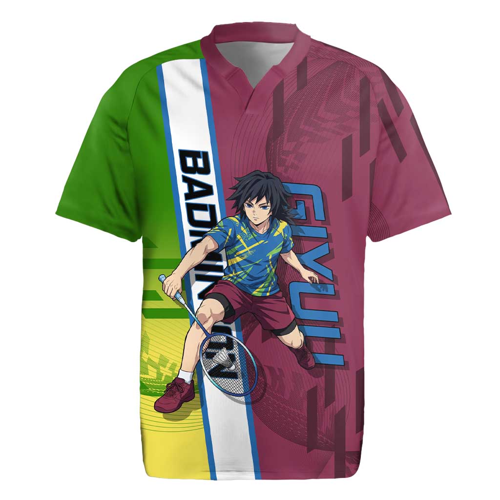 Personalized Giyuu Tomioka Demon Slayer Badminton Theme Rugby Jersey with Racket Action Pose and Tricolor Graphic Design - The Mazicc