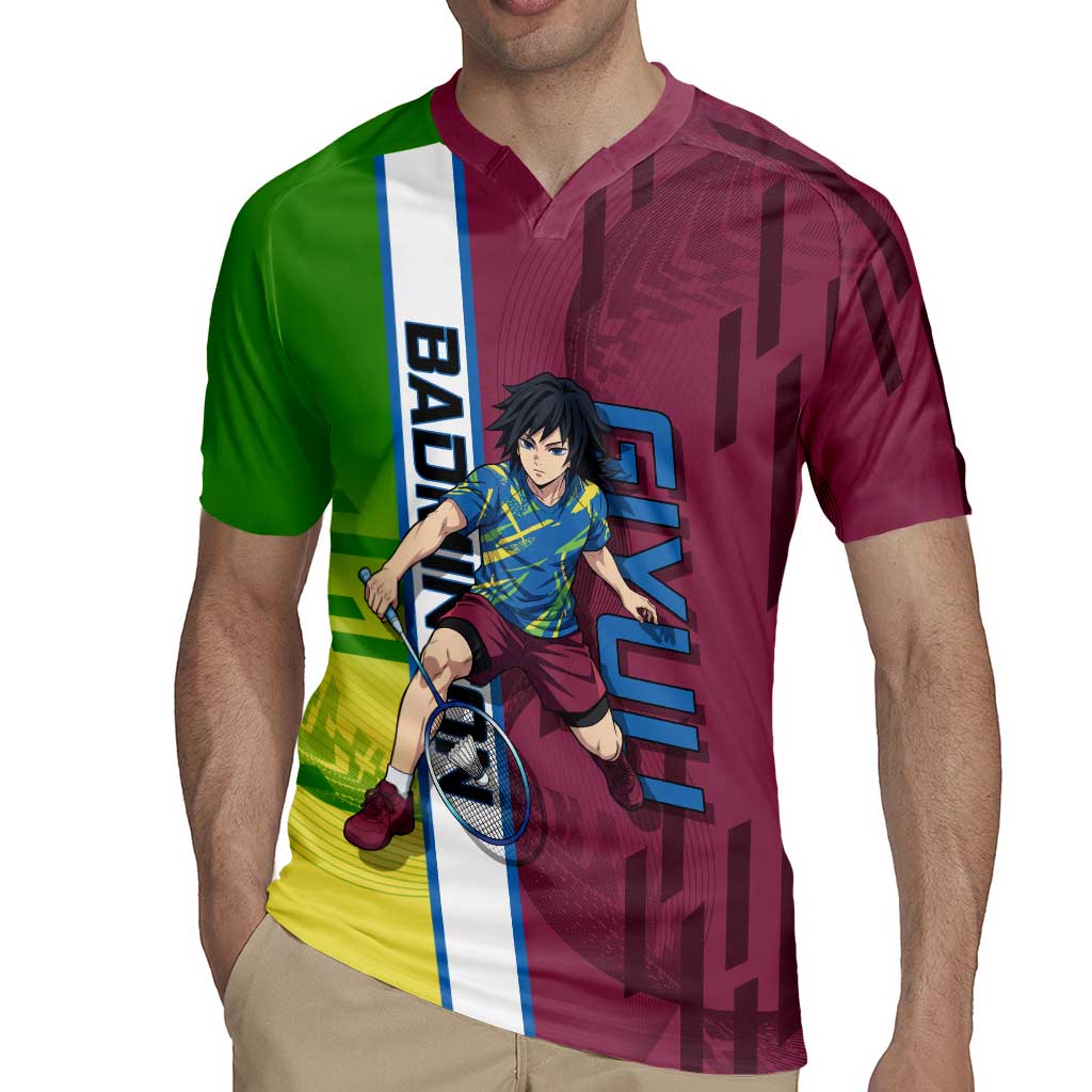 Personalized Giyuu Tomioka Demon Slayer Badminton Theme Rugby Jersey with Racket Action Pose and Tricolor Graphic Design - The Mazicc