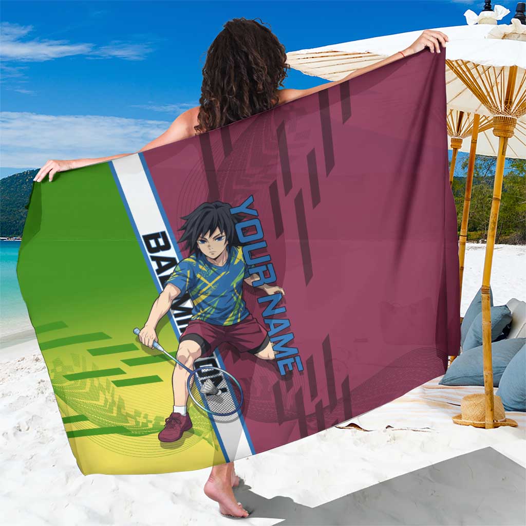Personalized Giyuu Tomioka Demon Slayer Badminton Theme Sarong with Racket Action Pose and Tricolor Graphic Design - The Mazicc