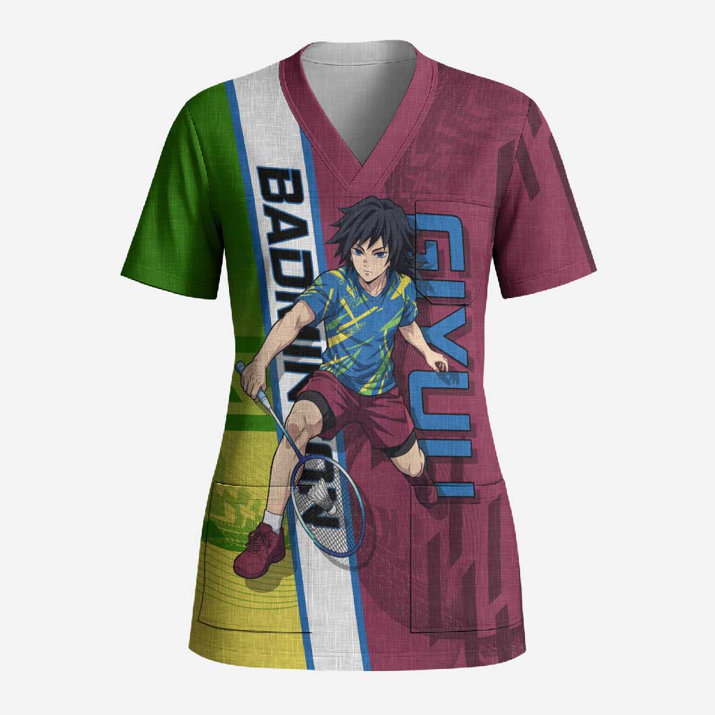 Personalized Giyuu Tomioka Demon Slayer Badminton Theme Scrub Top with Racket Action Pose and Tricolor Graphic Design - The Mazicc