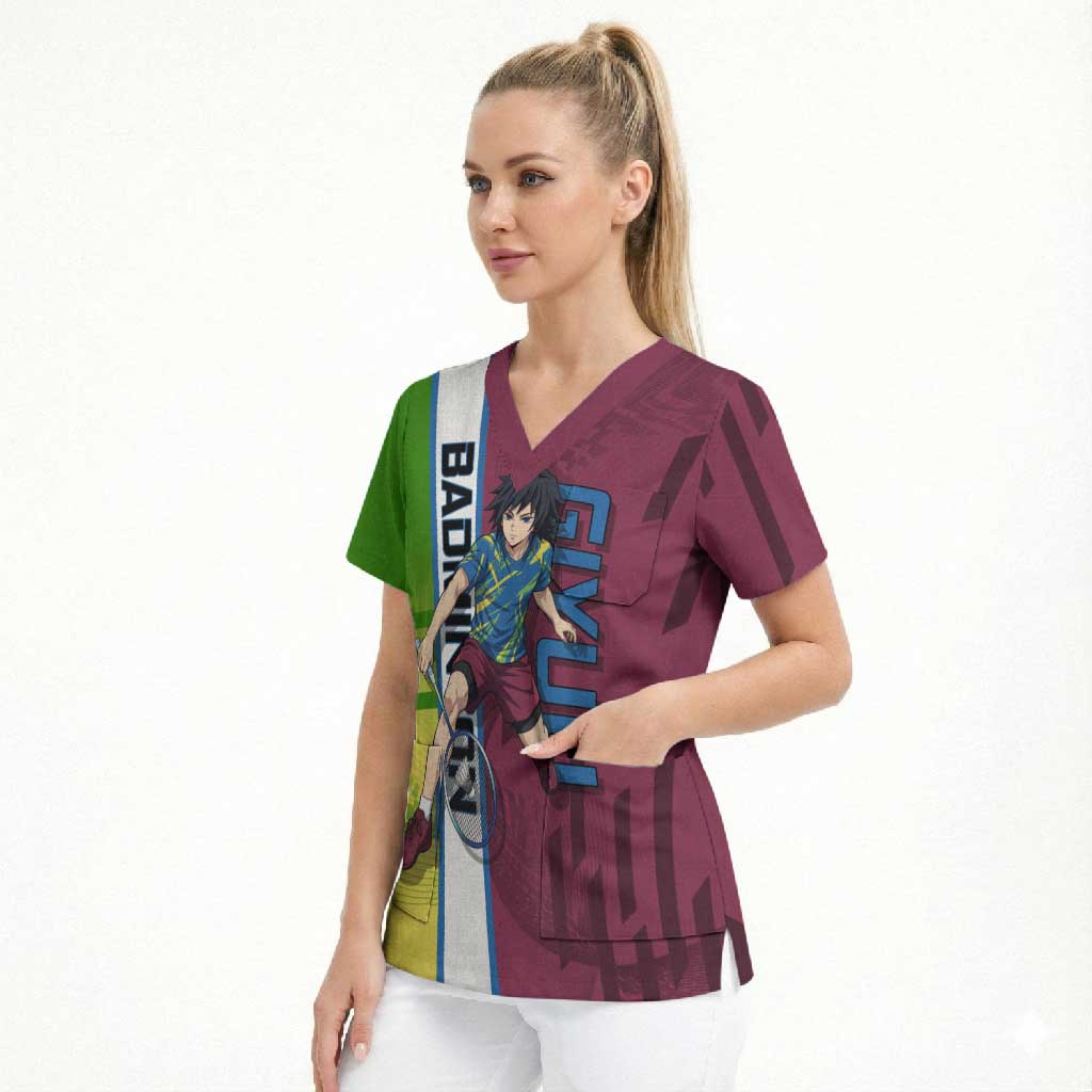Personalized Giyuu Tomioka Demon Slayer Badminton Theme Scrub Top with Racket Action Pose and Tricolor Graphic Design - The Mazicc