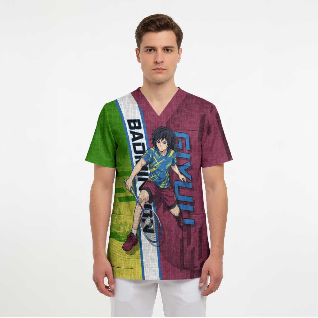 Personalized Giyuu Tomioka Demon Slayer Badminton Theme Scrub Top with Racket Action Pose and Tricolor Graphic Design - The Mazicc
