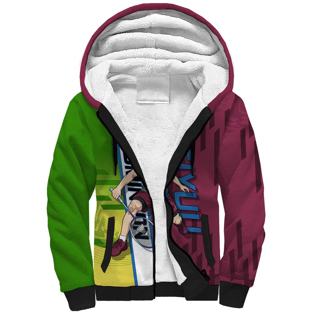 Personalized Giyuu Tomioka Demon Slayer Badminton Theme Sherpa Hoodie with Racket Action Pose and Tricolor Graphic Design - The Mazicc