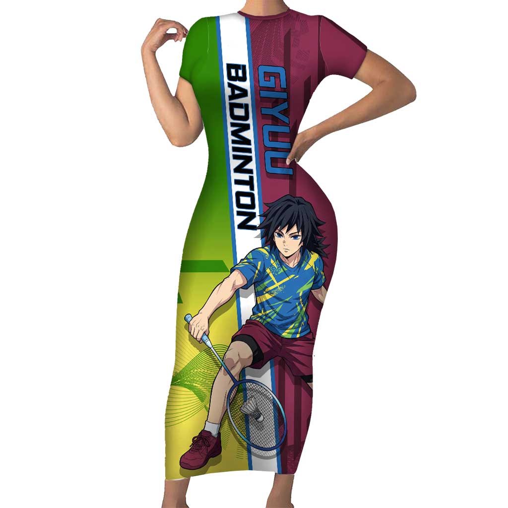 Personalized Giyuu Tomioka Demon Slayer Badminton Theme Short Sleeve Bodycon Dress with Racket Action Pose and Tricolor Graphic Design - The Mazicc