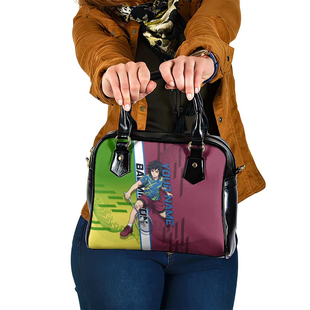Personalized Giyuu Tomioka Demon Slayer Badminton Theme Shoulder Handbag with Racket Action Pose and Tricolor Graphic Design - The Mazicc