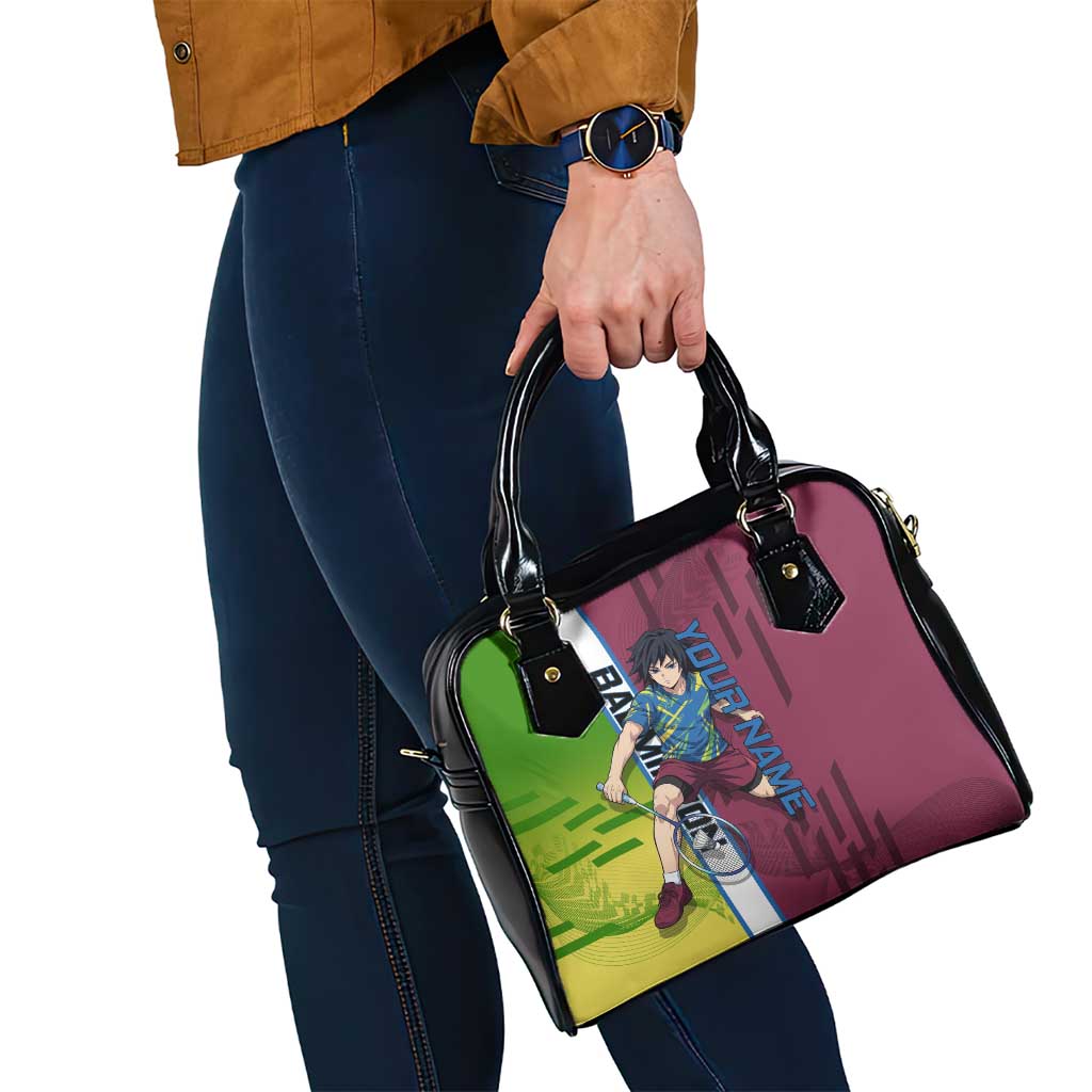 Personalized Giyuu Tomioka Demon Slayer Badminton Theme Shoulder Handbag with Racket Action Pose and Tricolor Graphic Design - The Mazicc