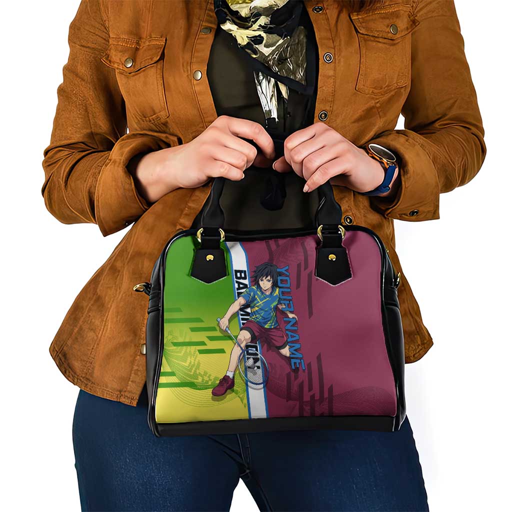 Personalized Giyuu Tomioka Demon Slayer Badminton Theme Shoulder Handbag with Racket Action Pose and Tricolor Graphic Design - The Mazicc