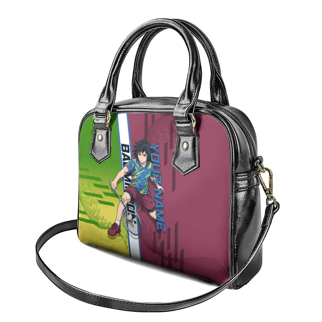 Personalized Giyuu Tomioka Demon Slayer Badminton Theme Shoulder Handbag with Racket Action Pose and Tricolor Graphic Design - The Mazicc