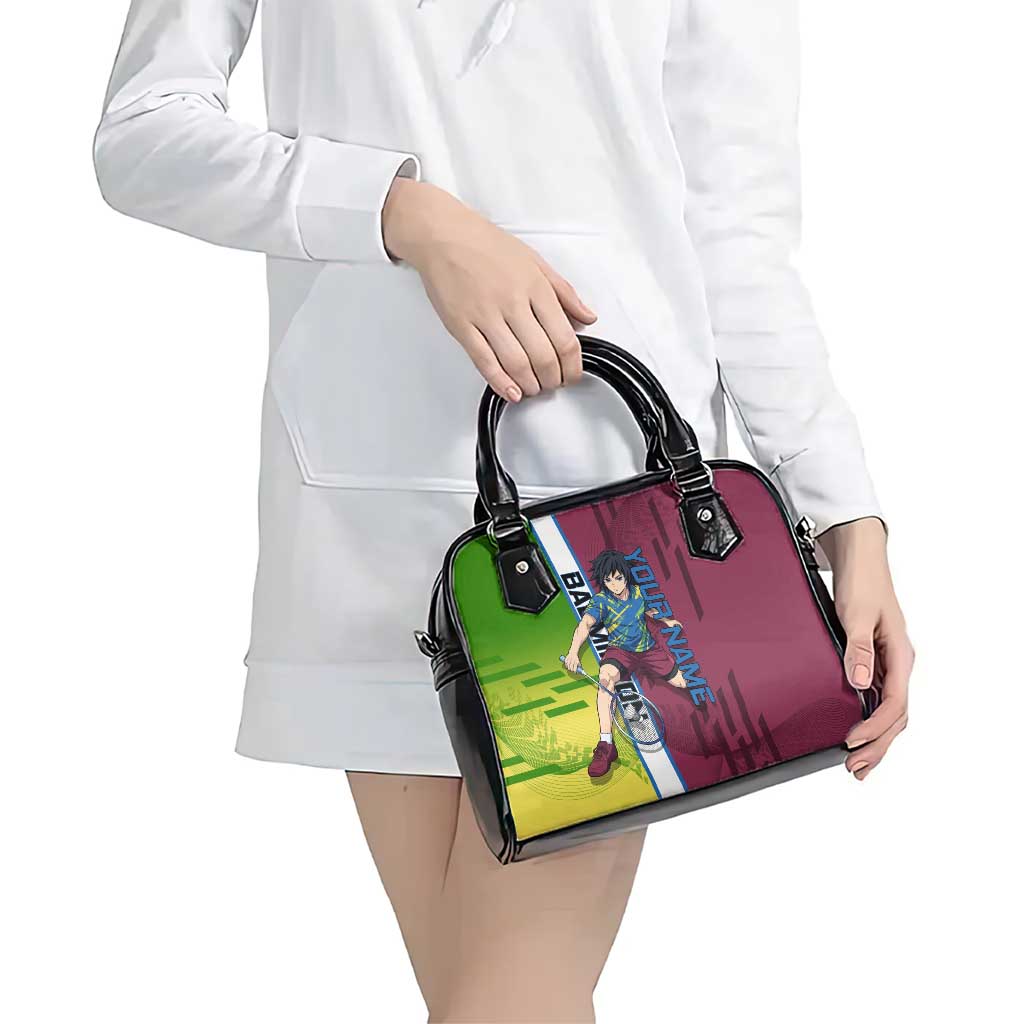 Personalized Giyuu Tomioka Demon Slayer Badminton Theme Shoulder Handbag with Racket Action Pose and Tricolor Graphic Design - The Mazicc