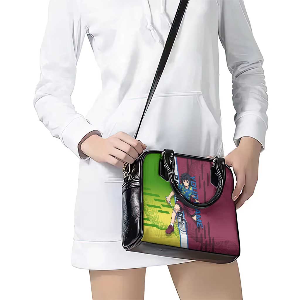 Personalized Giyuu Tomioka Demon Slayer Badminton Theme Shoulder Handbag with Racket Action Pose and Tricolor Graphic Design - The Mazicc