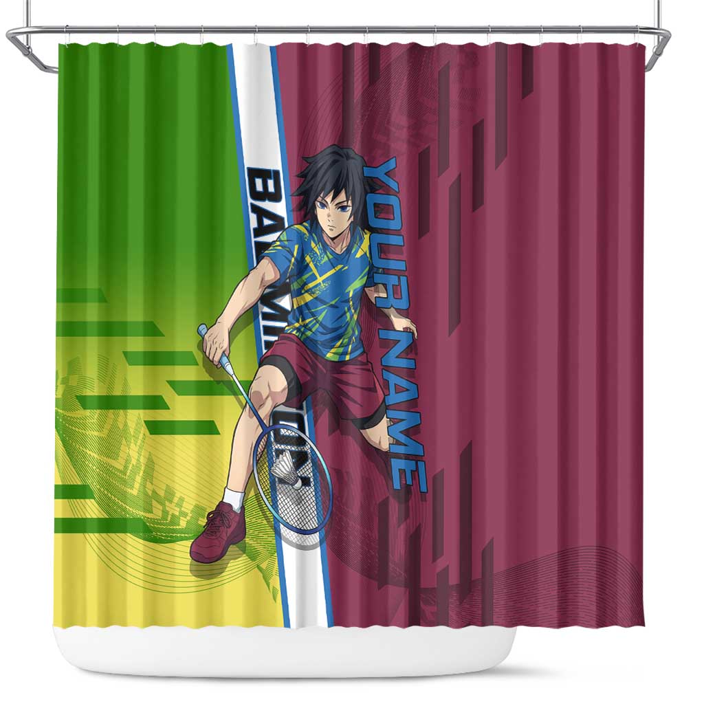 Personalized Giyuu Tomioka Demon Slayer Badminton Theme Shower Curtain with Racket Action Pose and Tricolor Graphic Design - The Mazicc