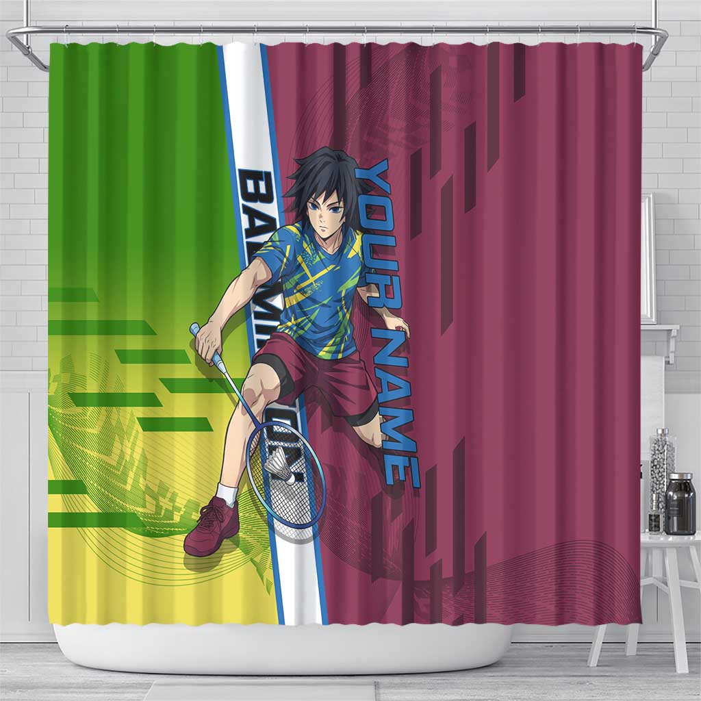 Personalized Giyuu Tomioka Demon Slayer Badminton Theme Shower Curtain with Racket Action Pose and Tricolor Graphic Design - The Mazicc