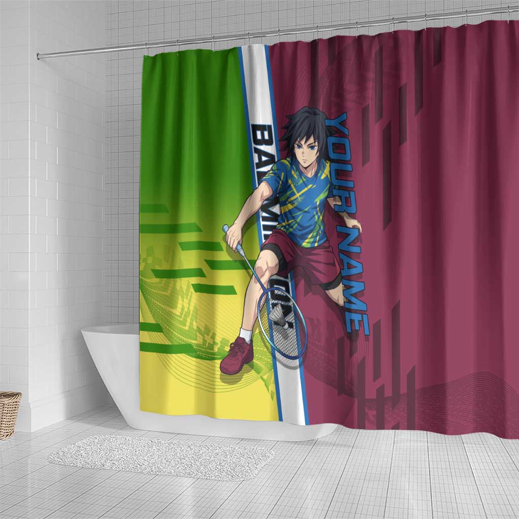 Personalized Giyuu Tomioka Demon Slayer Badminton Theme Shower Curtain with Racket Action Pose and Tricolor Graphic Design - The Mazicc