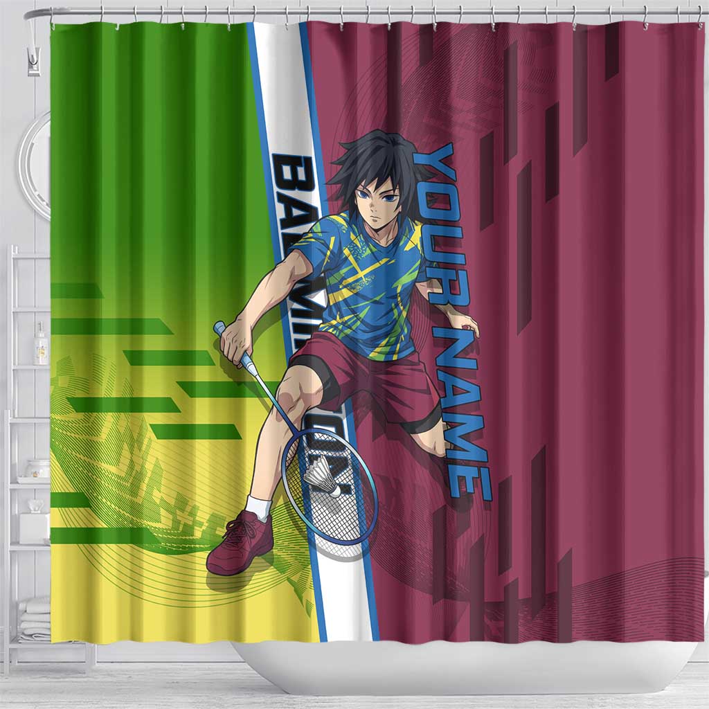 Personalized Giyuu Tomioka Demon Slayer Badminton Theme Shower Curtain with Racket Action Pose and Tricolor Graphic Design - The Mazicc