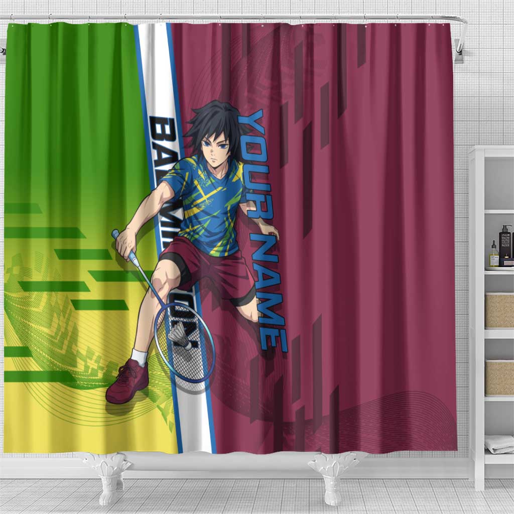Personalized Giyuu Tomioka Demon Slayer Badminton Theme Shower Curtain with Racket Action Pose and Tricolor Graphic Design - The Mazicc