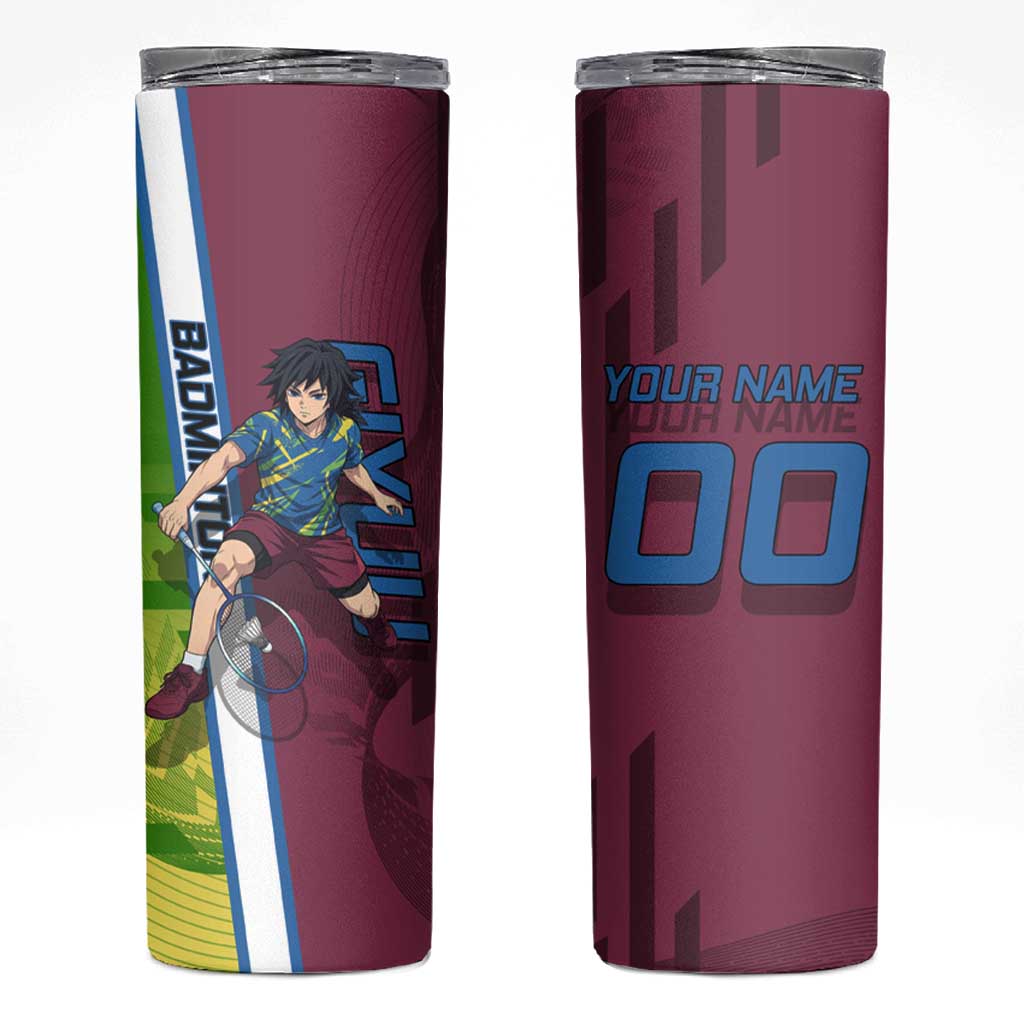 Personalized Giyuu Tomioka Demon Slayer Badminton Theme Skinny Tumbler with Racket Action Pose and Tricolor Graphic Design - The Mazicc