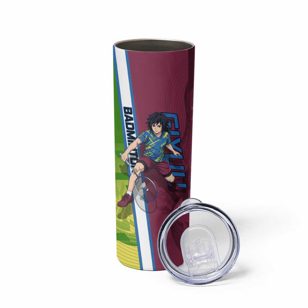 Personalized Giyuu Tomioka Demon Slayer Badminton Theme Skinny Tumbler with Racket Action Pose and Tricolor Graphic Design - The Mazicc