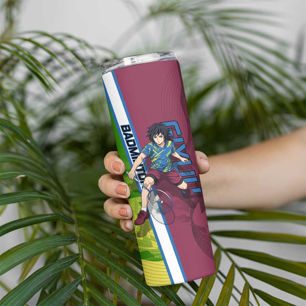 Personalized Giyuu Tomioka Demon Slayer Badminton Theme Skinny Tumbler with Racket Action Pose and Tricolor Graphic Design - The Mazicc