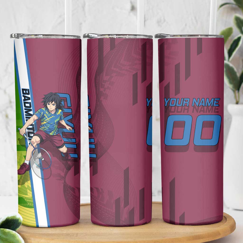 Personalized Giyuu Tomioka Demon Slayer Badminton Theme Skinny Tumbler with Racket Action Pose and Tricolor Graphic Design - The Mazicc