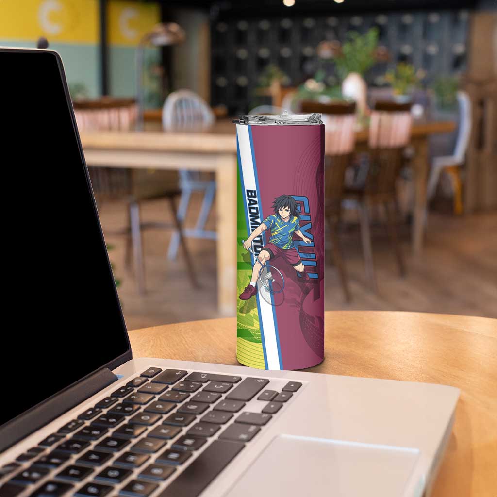 Personalized Giyuu Tomioka Demon Slayer Badminton Theme Skinny Tumbler with Racket Action Pose and Tricolor Graphic Design - The Mazicc