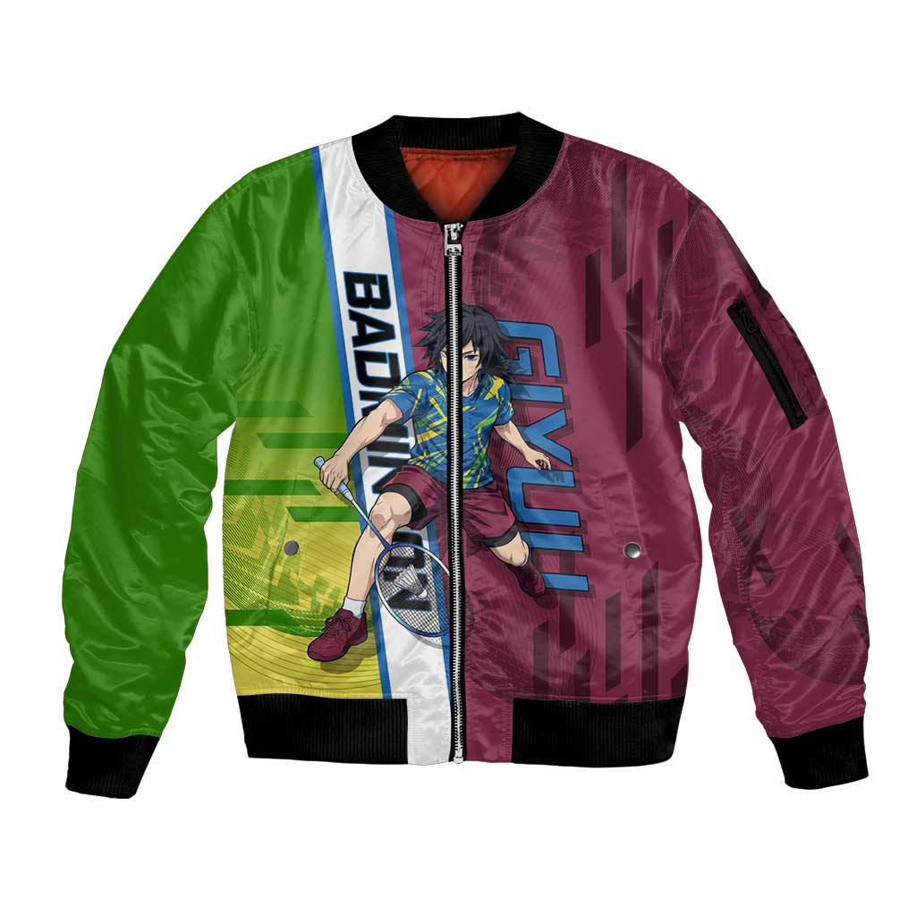Personalized Giyuu Tomioka Demon Slayer Badminton Theme Sleeve Zip Bomber Jacket with Racket Action Pose and Tricolor Graphic Design - The Mazicc