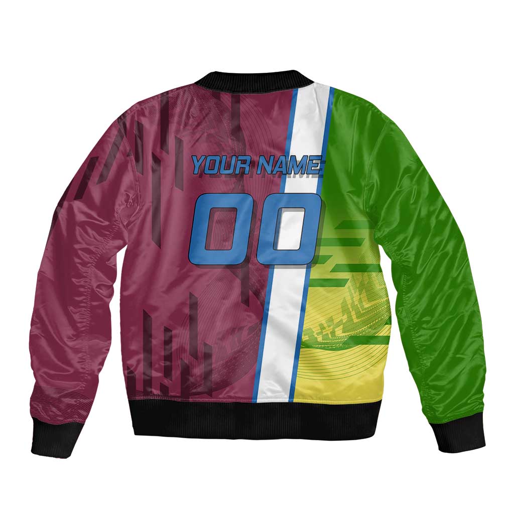 Personalized Giyuu Tomioka Demon Slayer Badminton Theme Sleeve Zip Bomber Jacket with Racket Action Pose and Tricolor Graphic Design - The Mazicc