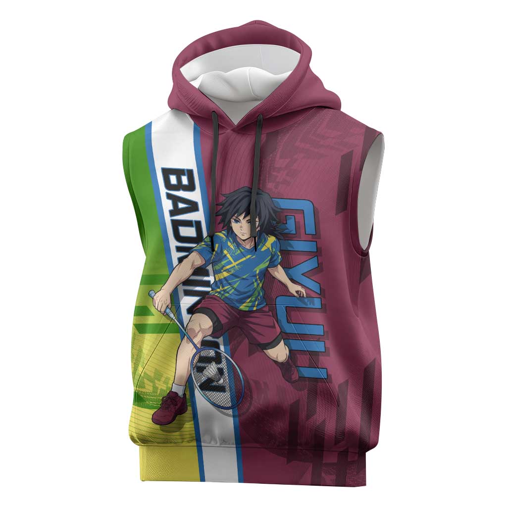 Personalized Giyuu Tomioka Demon Slayer Badminton Theme Sleeveless Hoodie with Racket Action Pose and Tricolor Graphic Design - The Mazicc