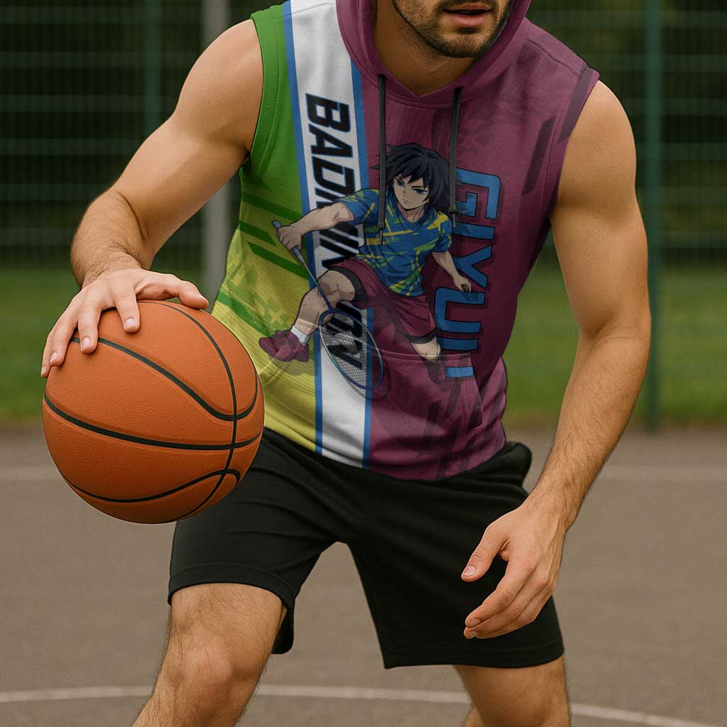 Personalized Giyuu Tomioka Demon Slayer Badminton Theme Sleeveless Hoodie with Racket Action Pose and Tricolor Graphic Design - The Mazicc