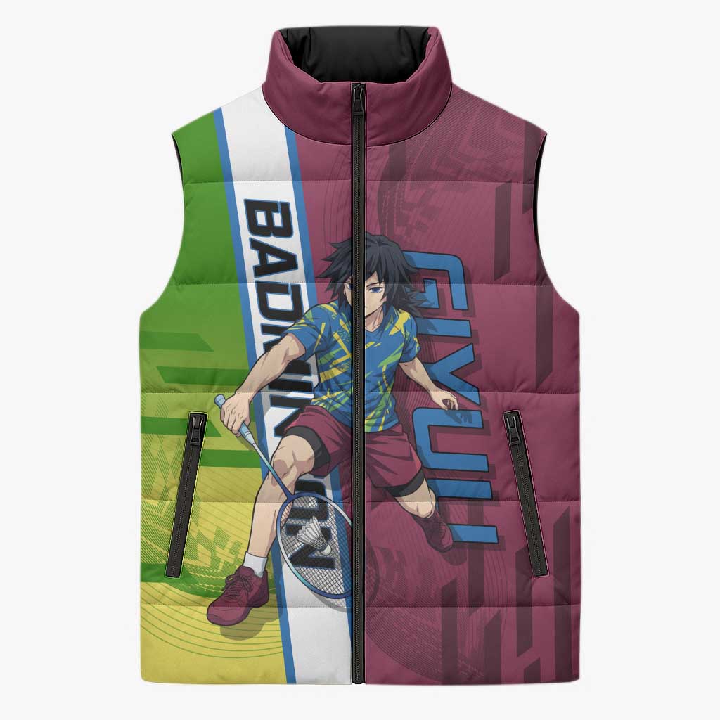 Personalized Giyuu Tomioka Demon Slayer Badminton Theme Sleeveless Puffer Jacket with Racket Action Pose and Tricolor Graphic Design - The Mazicc