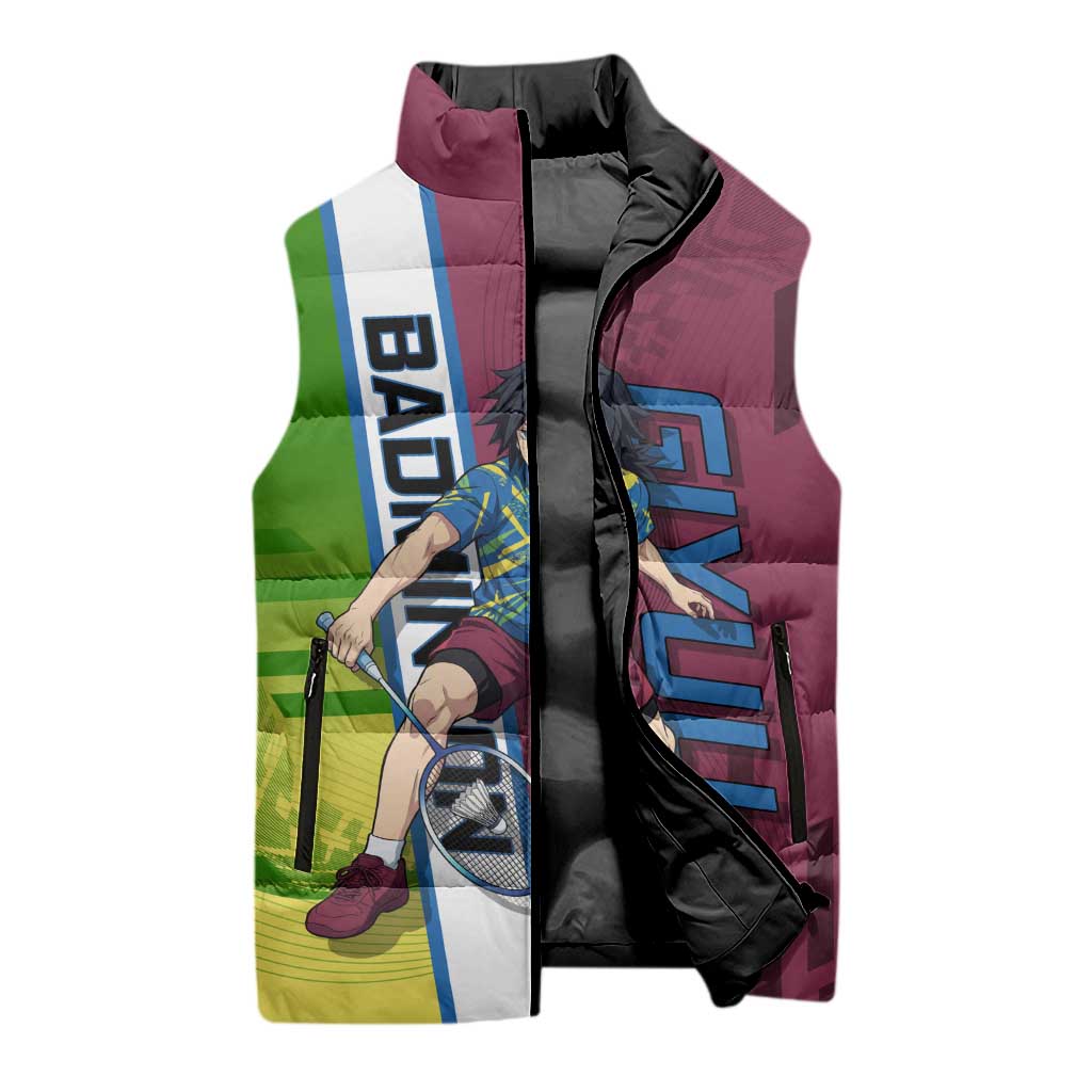 Personalized Giyuu Tomioka Demon Slayer Badminton Theme Sleeveless Puffer Jacket with Racket Action Pose and Tricolor Graphic Design - The Mazicc