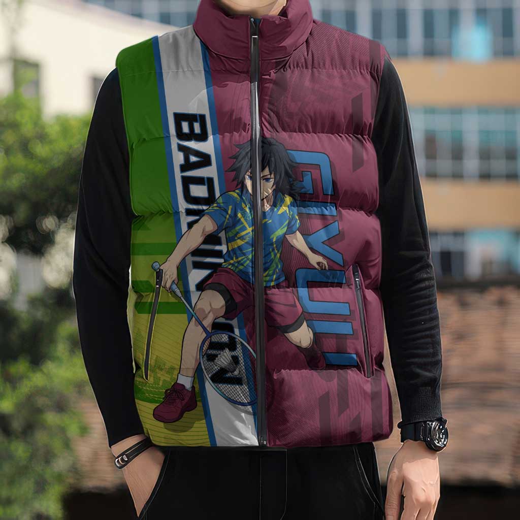 Personalized Giyuu Tomioka Demon Slayer Badminton Theme Sleeveless Puffer Jacket with Racket Action Pose and Tricolor Graphic Design - The Mazicc