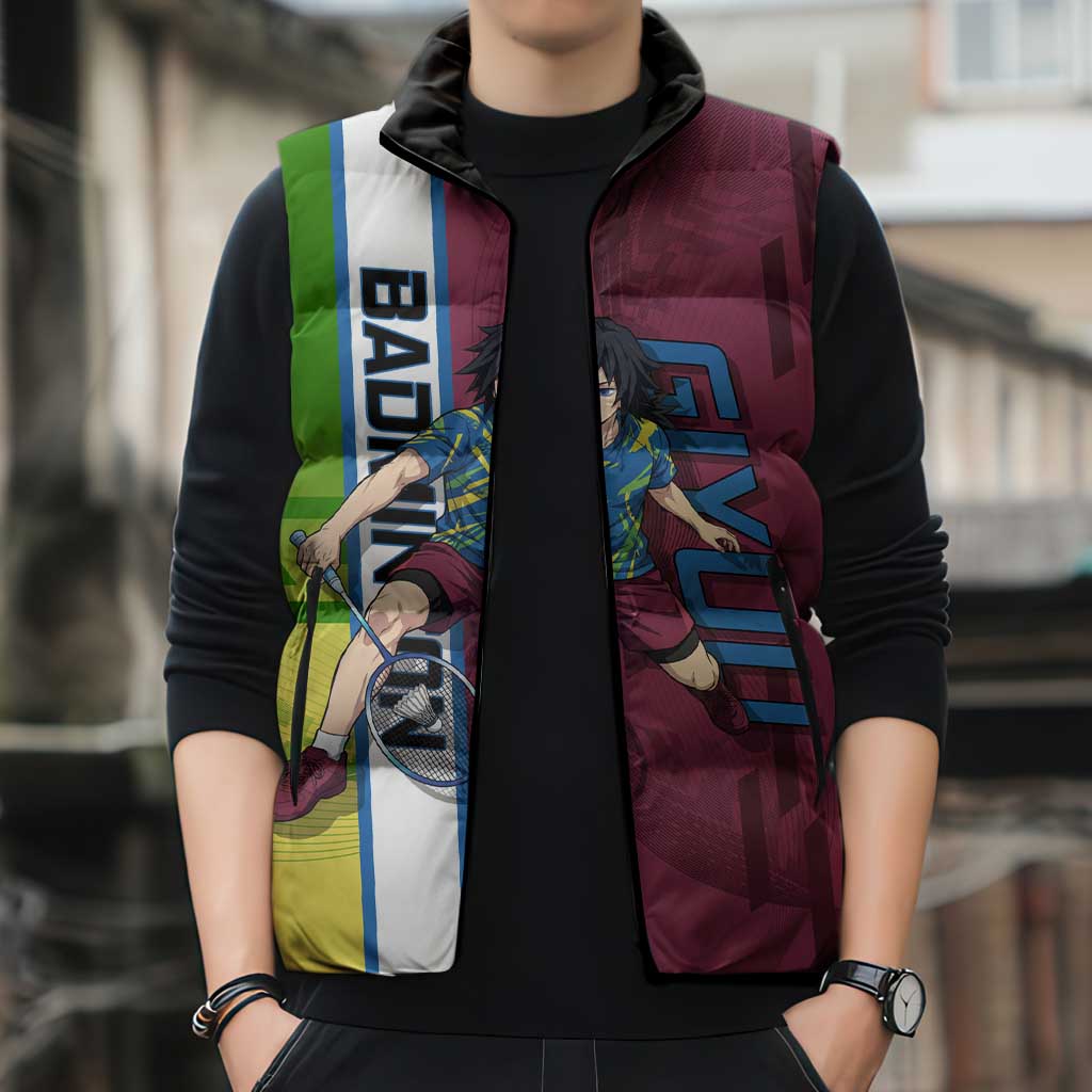 Personalized Giyuu Tomioka Demon Slayer Badminton Theme Sleeveless Puffer Jacket with Racket Action Pose and Tricolor Graphic Design - The Mazicc