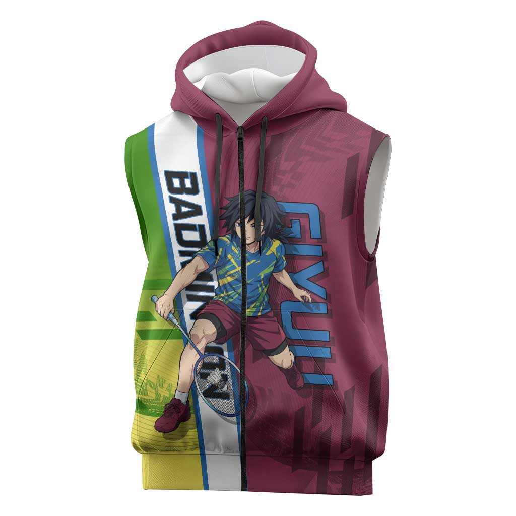 Personalized Giyuu Tomioka Demon Slayer Badminton Theme Sleeveless Zip Hoodie with Racket Action Pose and Tricolor Graphic Design - The Mazicc