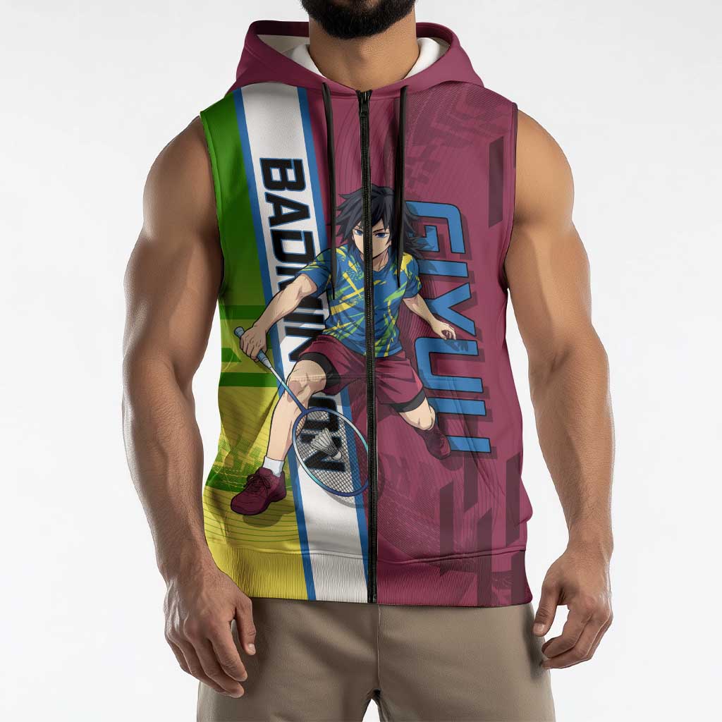 Personalized Giyuu Tomioka Demon Slayer Badminton Theme Sleeveless Zip Hoodie with Racket Action Pose and Tricolor Graphic Design - The Mazicc