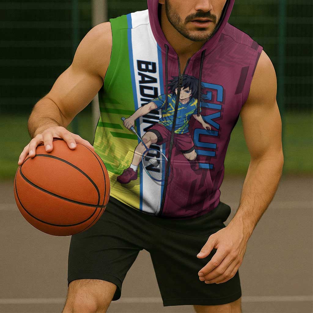 Personalized Giyuu Tomioka Demon Slayer Badminton Theme Sleeveless Zip Hoodie with Racket Action Pose and Tricolor Graphic Design - The Mazicc