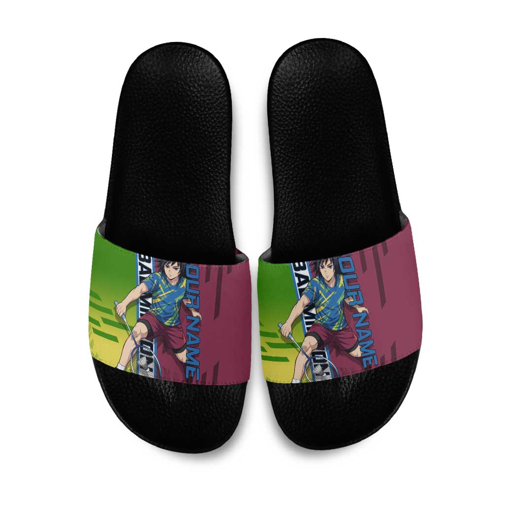 Personalized Giyuu Tomioka Demon Slayer Badminton Theme Slide Sandals with Racket Action Pose and Tricolor Graphic Design - The Mazicc