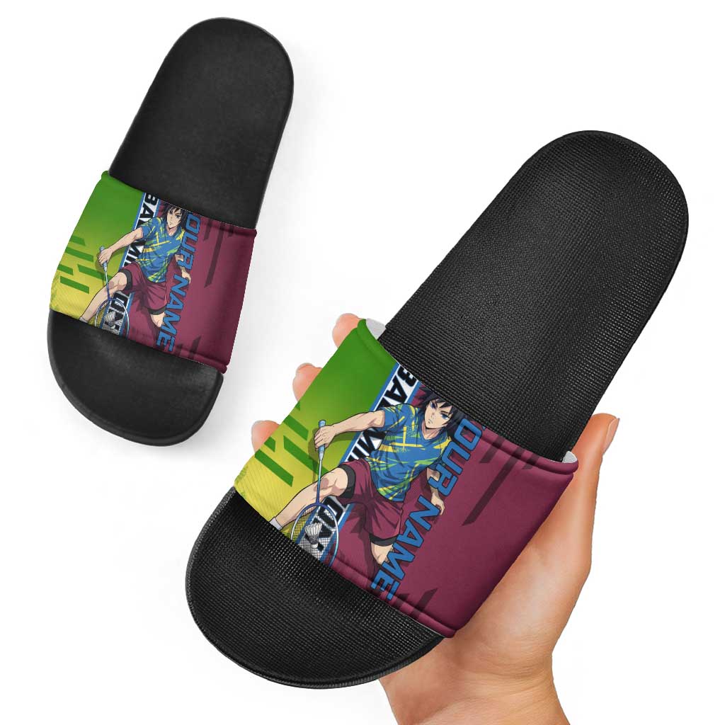 Personalized Giyuu Tomioka Demon Slayer Badminton Theme Slide Sandals with Racket Action Pose and Tricolor Graphic Design - The Mazicc