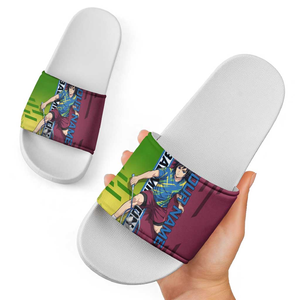 Personalized Giyuu Tomioka Demon Slayer Badminton Theme Slide Sandals with Racket Action Pose and Tricolor Graphic Design - The Mazicc