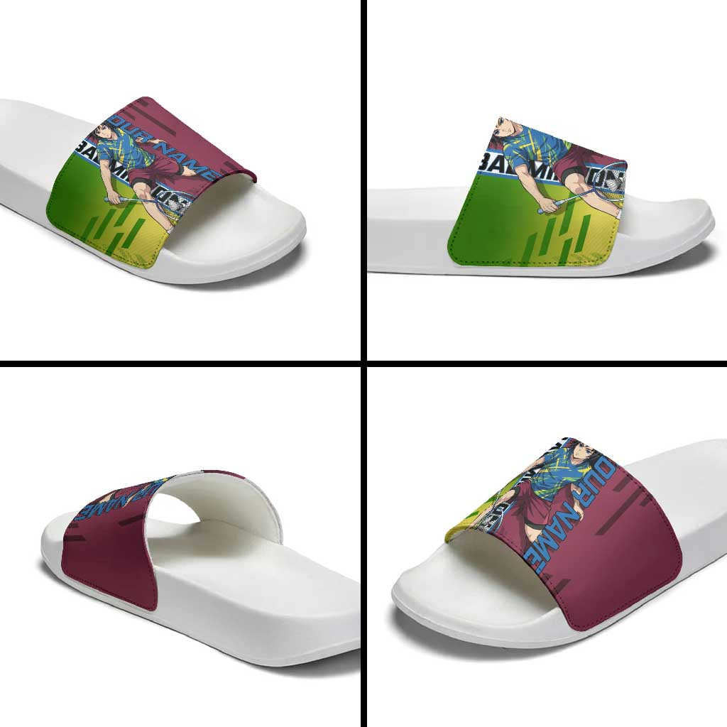 Personalized Giyuu Tomioka Demon Slayer Badminton Theme Slide Sandals with Racket Action Pose and Tricolor Graphic Design - The Mazicc