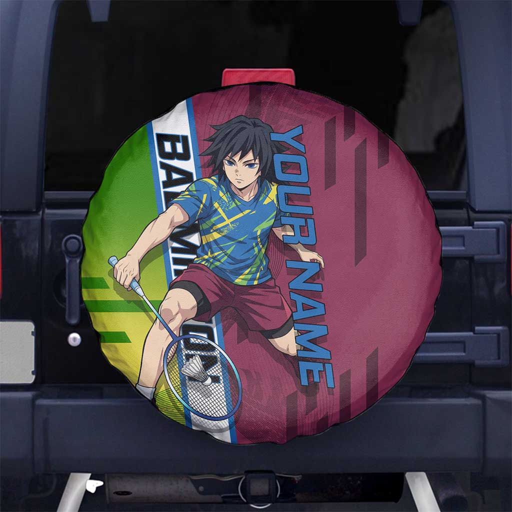 Personalized Giyuu Tomioka Demon Slayer Badminton Theme Spare Tire Cover with Racket Action Pose and Tricolor Graphic Design - The Mazicc