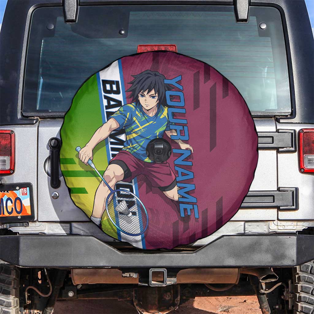 Personalized Giyuu Tomioka Demon Slayer Badminton Theme Spare Tire Cover with Racket Action Pose and Tricolor Graphic Design - The Mazicc