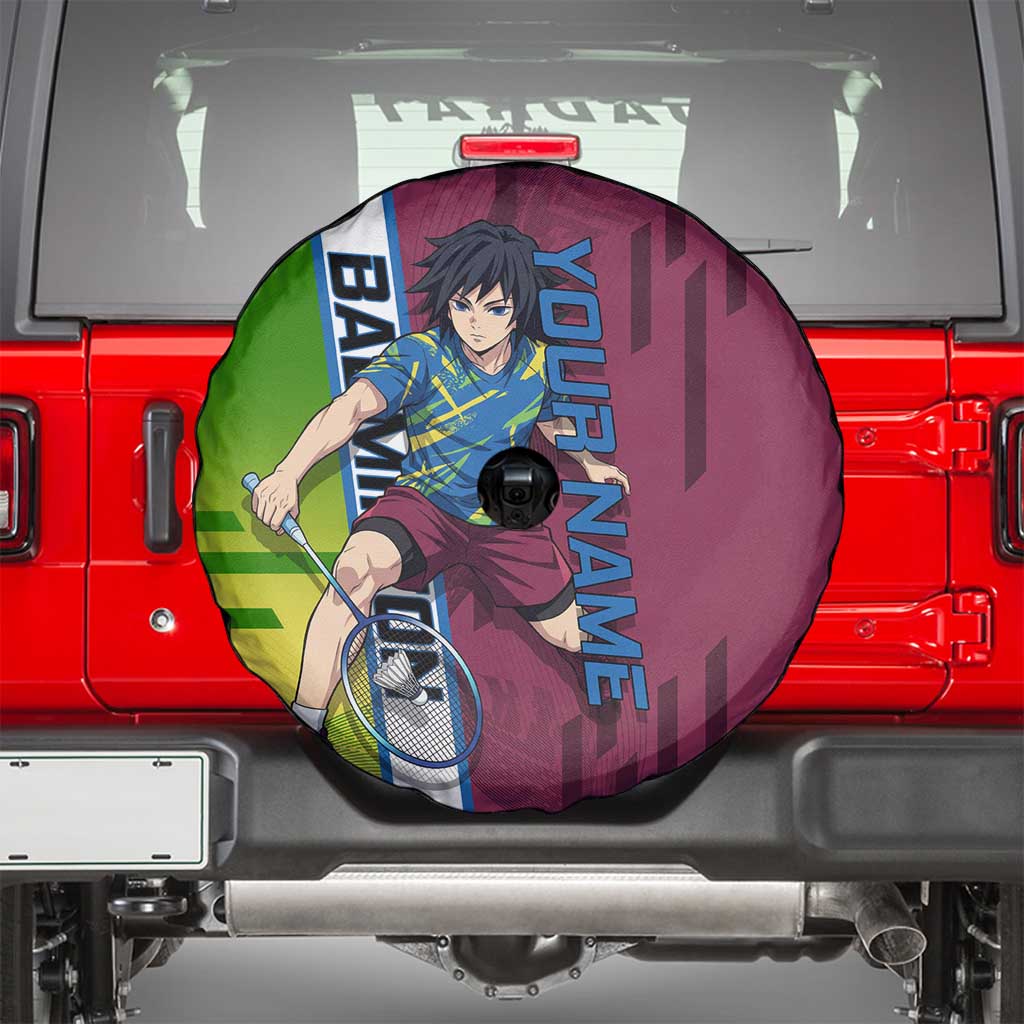 Personalized Giyuu Tomioka Demon Slayer Badminton Theme Spare Tire Cover with Racket Action Pose and Tricolor Graphic Design - The Mazicc