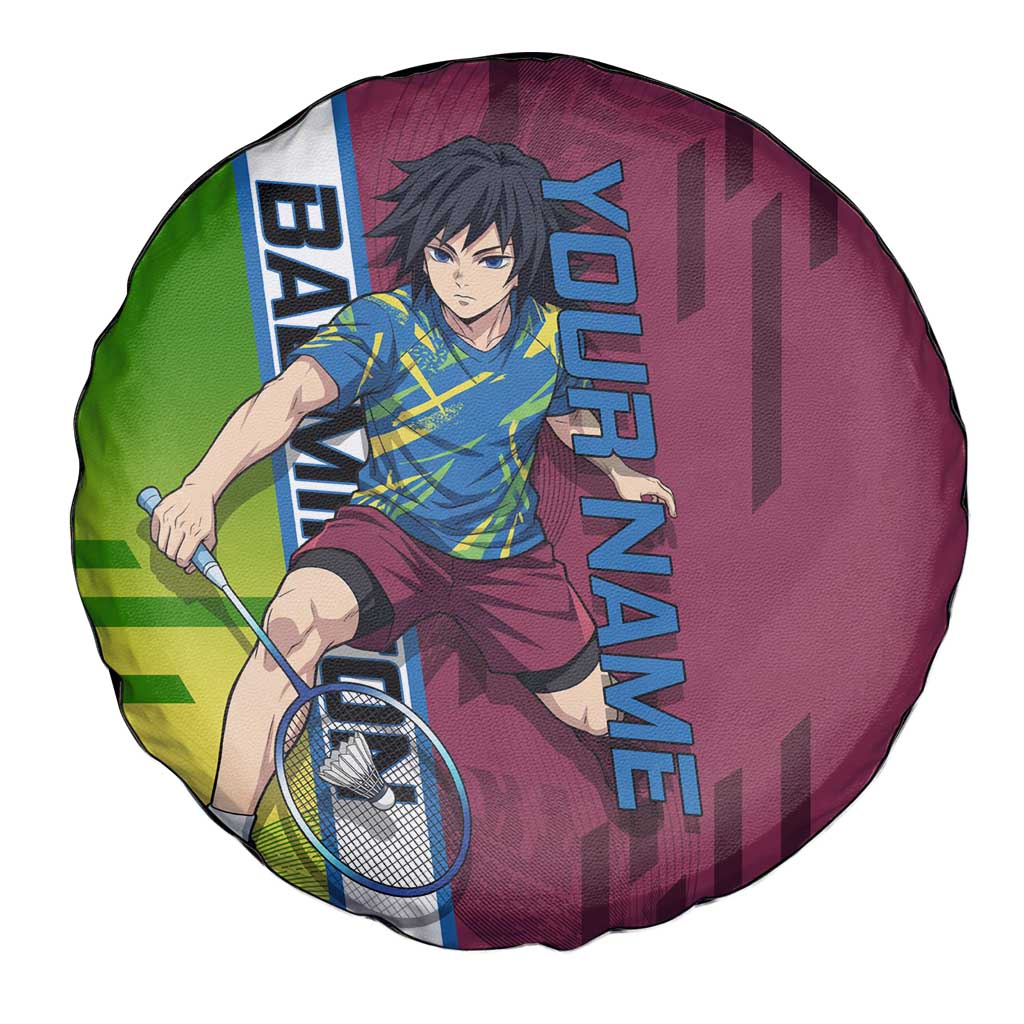 Personalized Giyuu Tomioka Demon Slayer Badminton Theme Spare Tire Cover with Racket Action Pose and Tricolor Graphic Design - The Mazicc