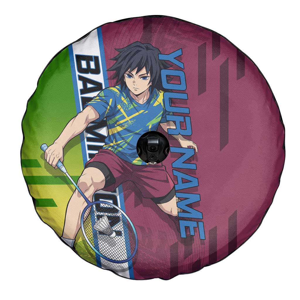 Personalized Giyuu Tomioka Demon Slayer Badminton Theme Spare Tire Cover with Racket Action Pose and Tricolor Graphic Design - The Mazicc