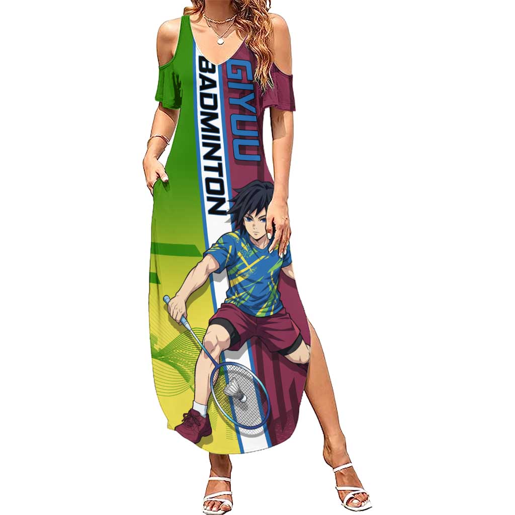 Personalized Giyuu Tomioka Demon Slayer Badminton Theme Summer Maxi Dress with Racket Action Pose and Tricolor Graphic Design - The Mazicc