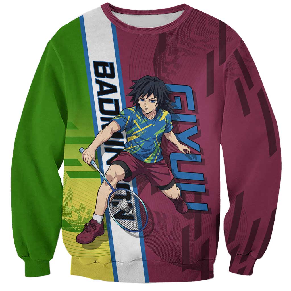 Personalized Giyuu Tomioka Demon Slayer Badminton Theme Sweatshirt with Racket Action Pose and Tricolor Graphic Design - The Mazicc