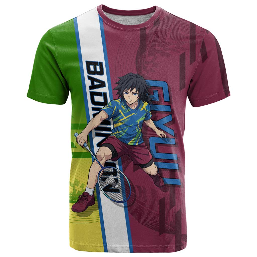 Personalized Giyuu Tomioka Demon Slayer Badminton Theme T Shirt with Racket Action Pose and Tricolor Graphic Design - The Mazicc